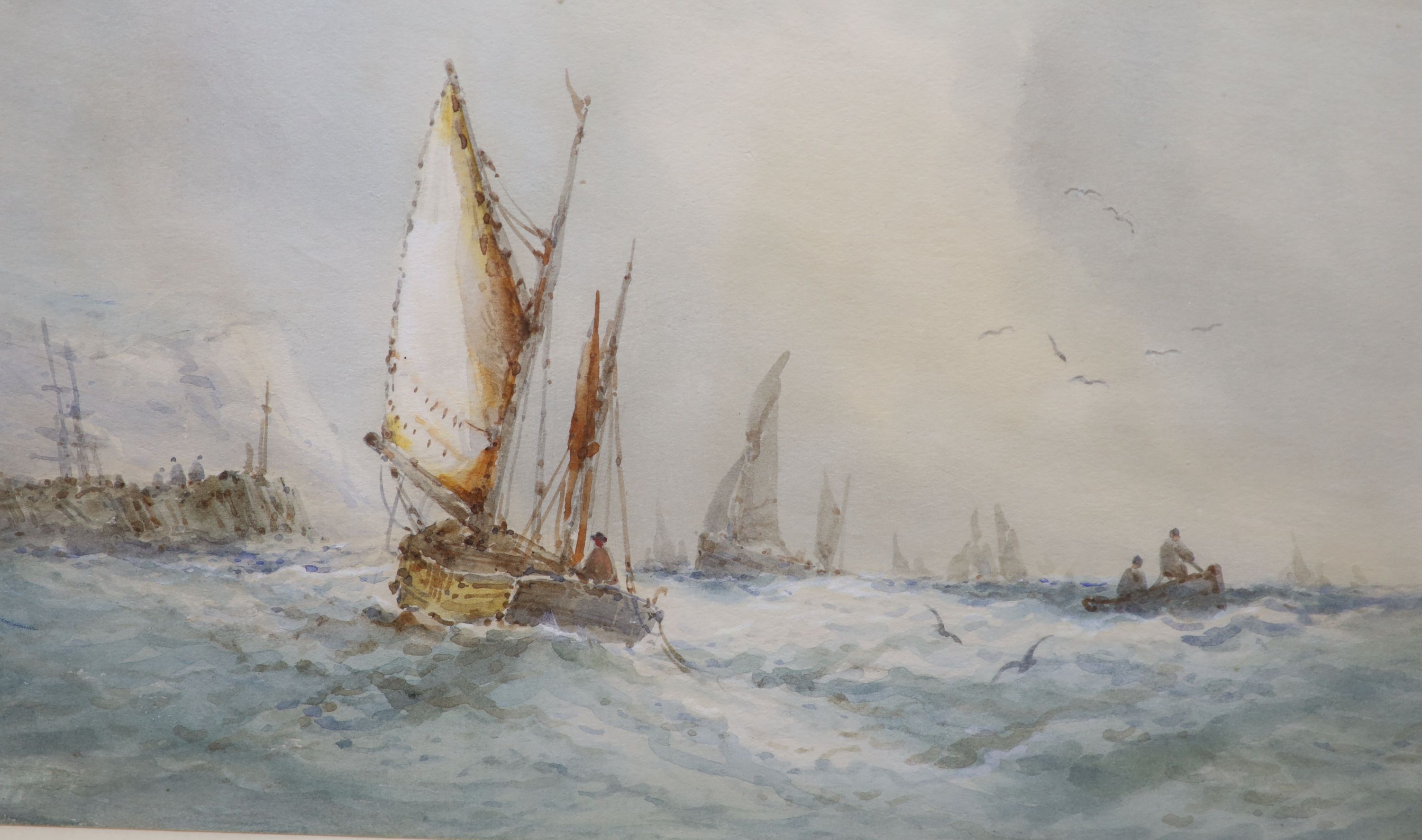 EAS c.1900, watercolour, Fishing boats off the coast, initialled, 17 x 28cm and another similar work